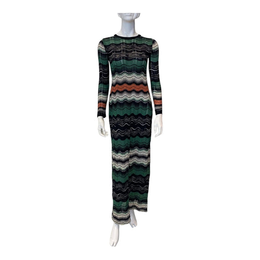 GREEN MULTI LONG SLEEVE CROCHET RIPPLE KNIT DRESS 40