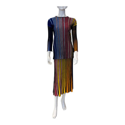 MULTICOLOR STRIPED RIB KNIT TUNIC TOP AND SKIRT SET S/M