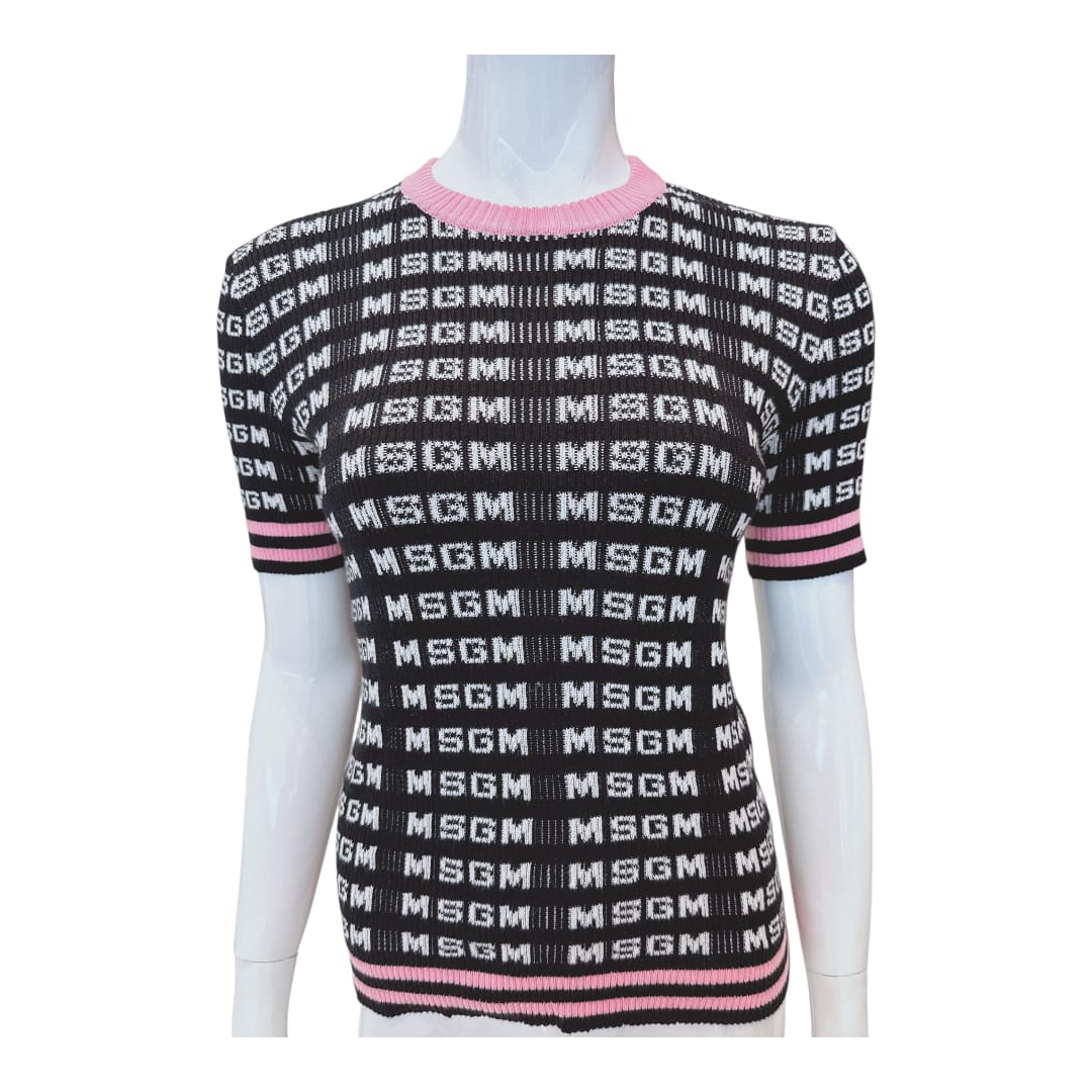 BLACK PINK KNITTED LOGO PATTERN T-SHIRT S