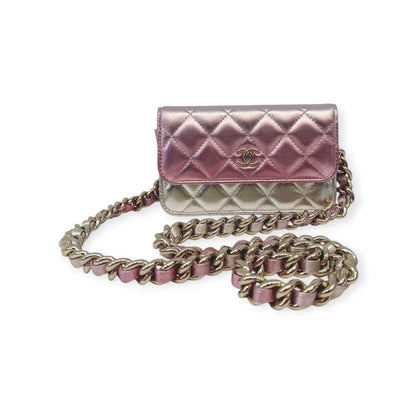 METALLIC SILVER PINK QUILTED LEATHER COCO PUNK WALLET ON CHAIN