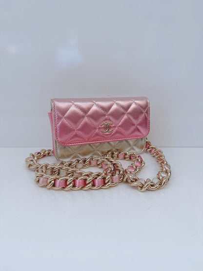 METALLIC SILVER PINK QUILTED LEATHER COCO PUNK WALLET ON CHAIN