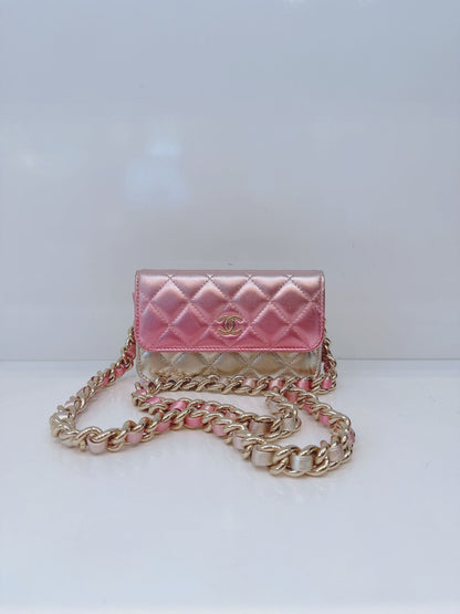 METALLIC SILVER PINK QUILTED LEATHER COCO PUNK WALLET ON CHAIN