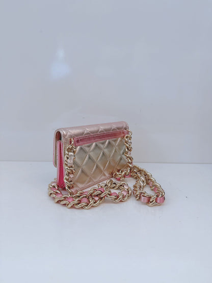 METALLIC SILVER PINK QUILTED LEATHER COCO PUNK WALLET ON CHAIN