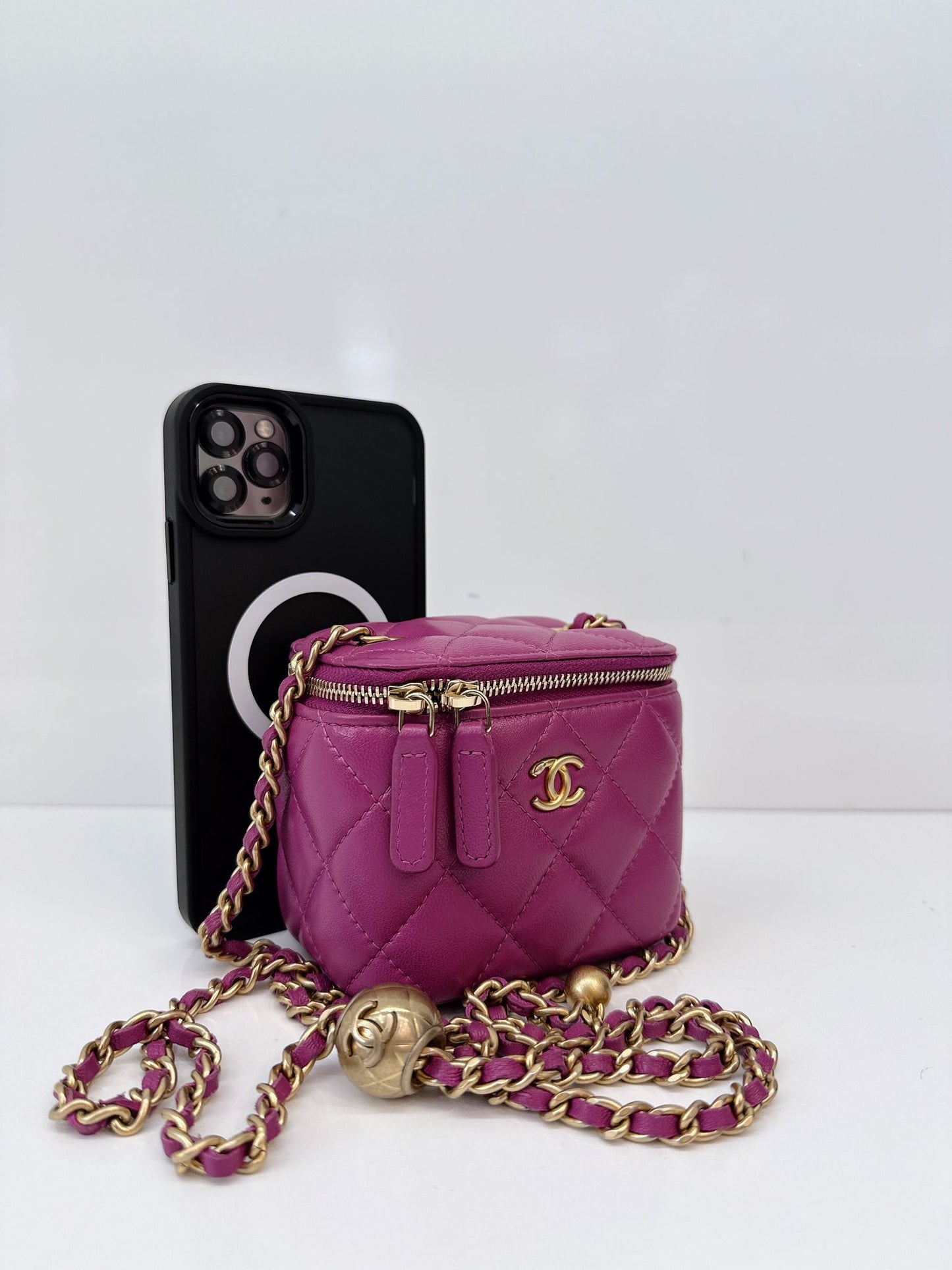 PURPLE LAMBSKIN MATELASSE COCO BALL CHAIN POUCH SHOULDER BAG