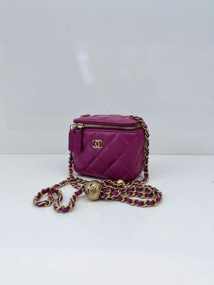 PURPLE LAMBSKIN MATELASSE COCO BALL CHAIN POUCH SHOULDER BAG