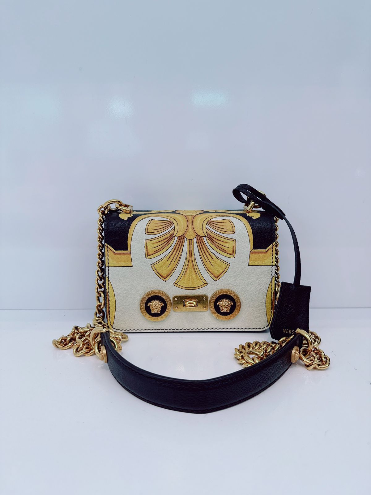 BLACK CALFSKIN LEATHER BAROQUE PRINT SMALL ICON SHOULDER TRIBUTE BAG