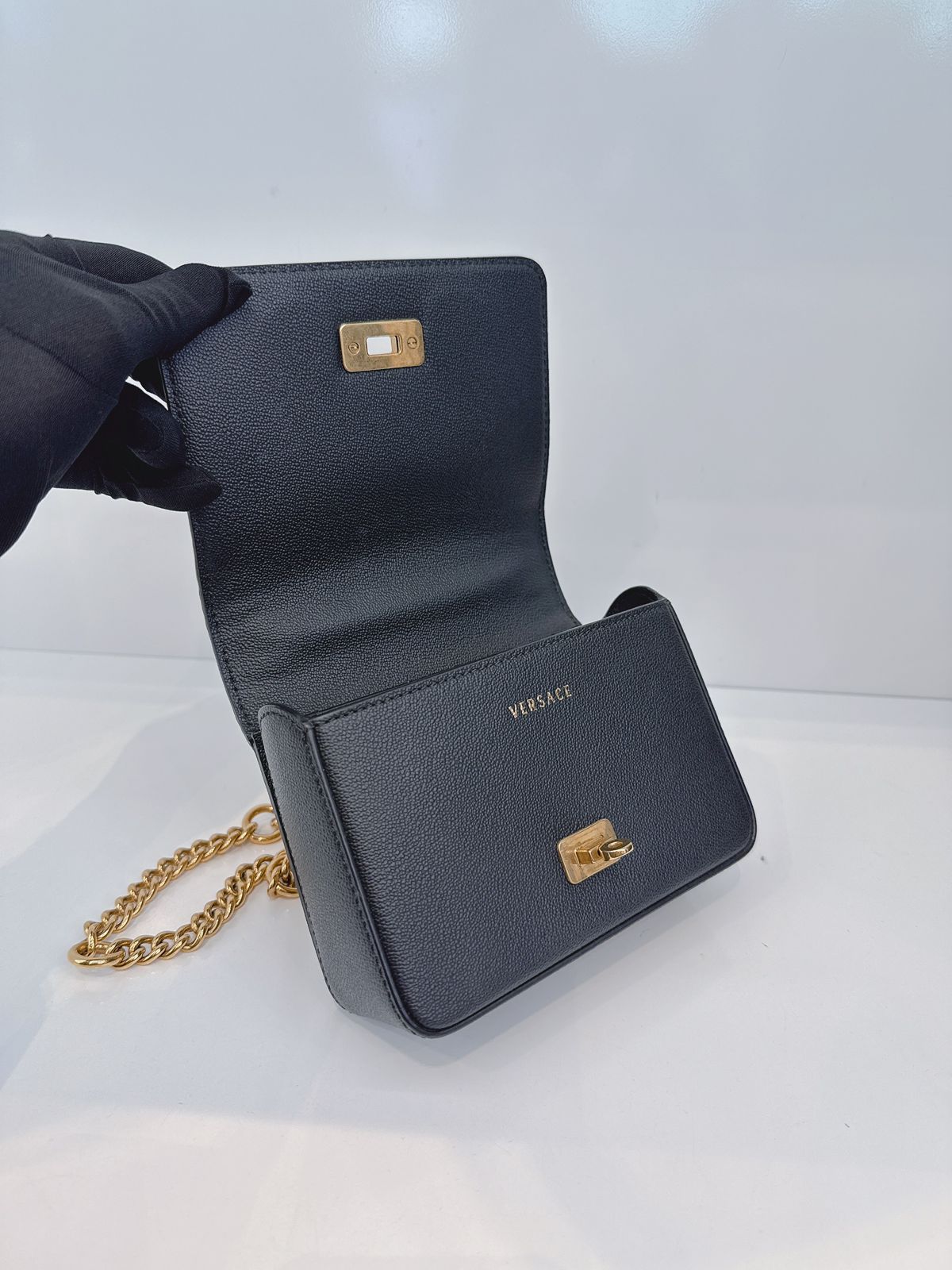 BLACK CALFSKIN LEATHER BAROQUE PRINT SMALL ICON SHOULDER TRIBUTE BAG