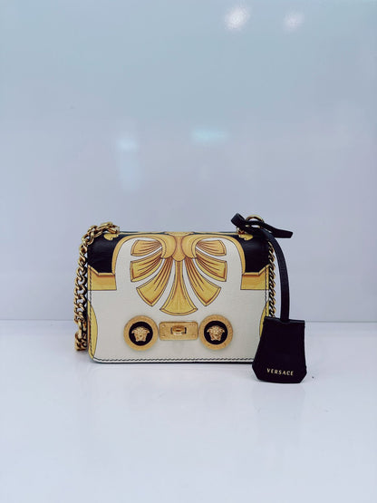 BLACK CALFSKIN LEATHER BAROQUE PRINT SMALL ICON SHOULDER TRIBUTE BAG