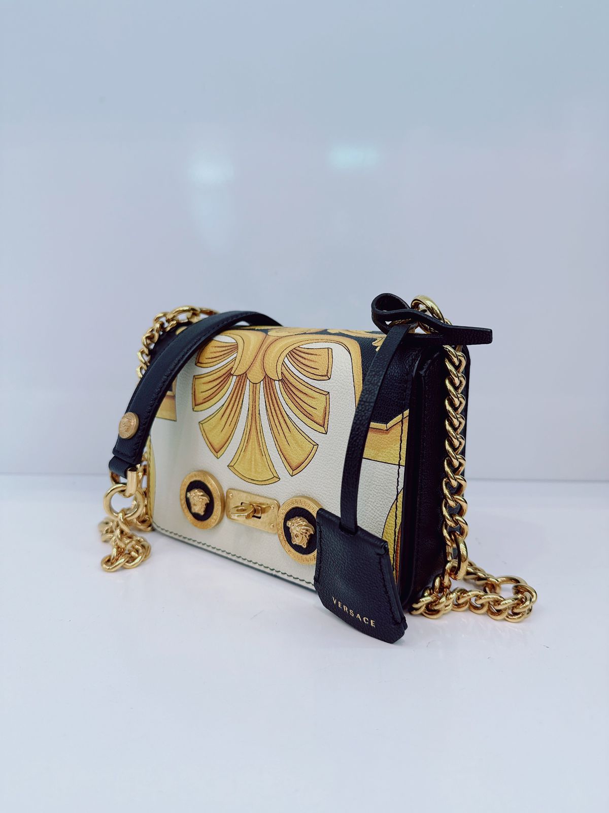 BLACK CALFSKIN LEATHER BAROQUE PRINT SMALL ICON SHOULDER TRIBUTE BAG