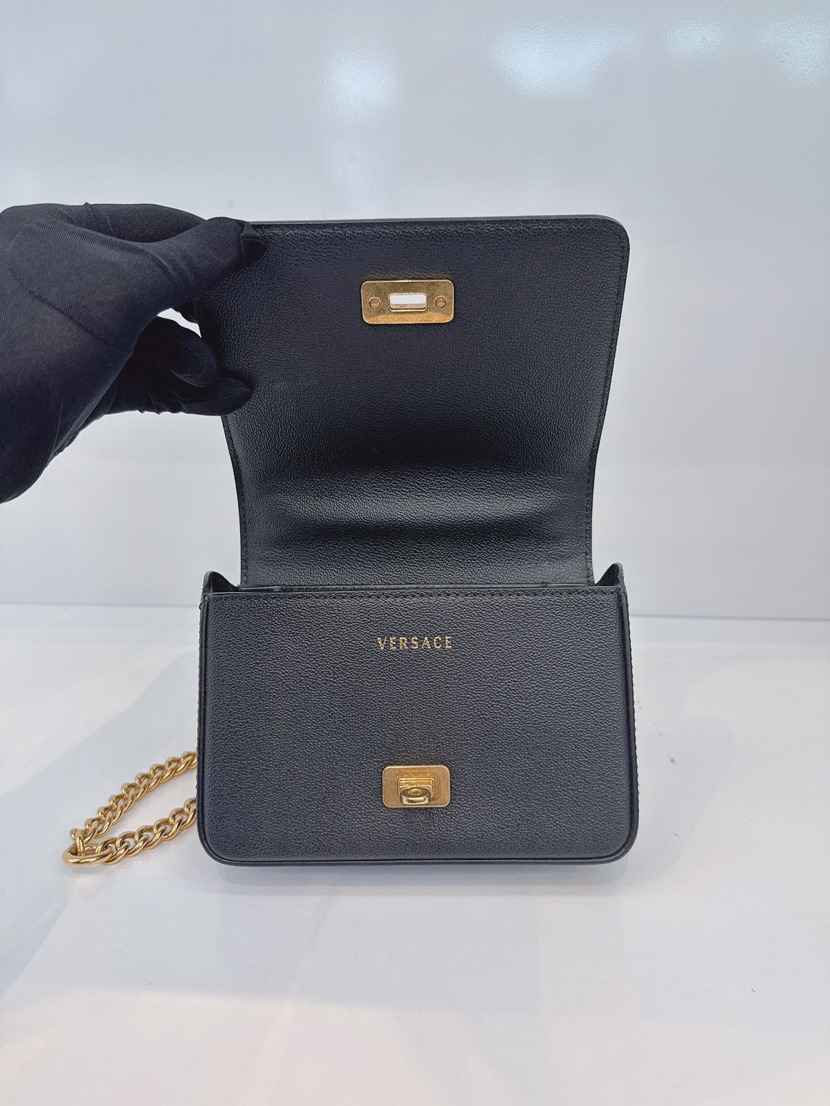 BLACK CALFSKIN LEATHER BAROQUE PRINT SMALL ICON SHOULDER TRIBUTE BAG