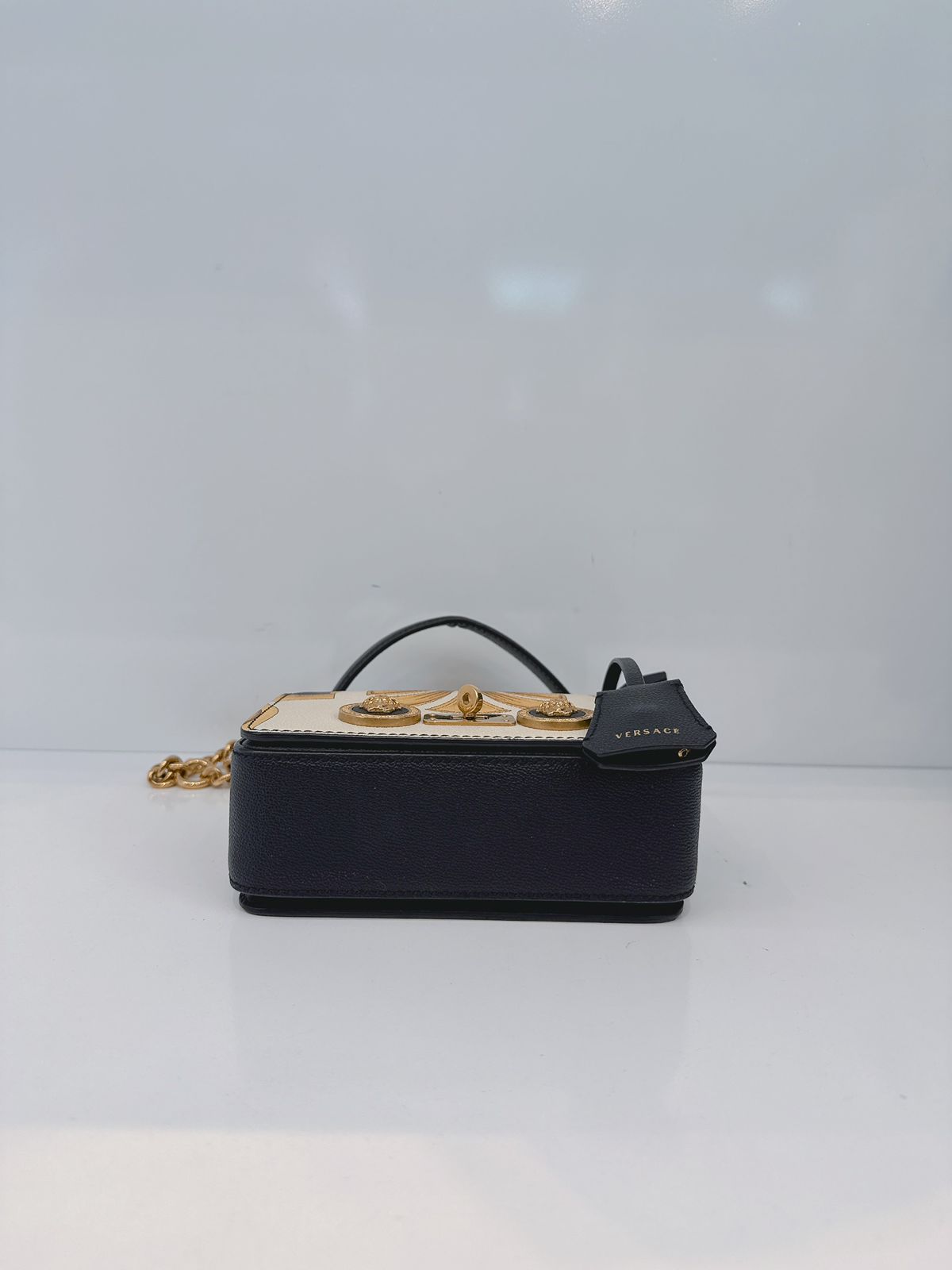 BLACK CALFSKIN LEATHER BAROQUE PRINT SMALL ICON SHOULDER TRIBUTE BAG