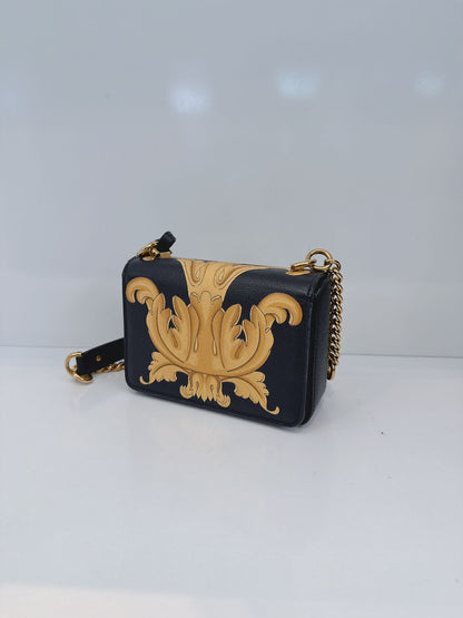 BLACK CALFSKIN LEATHER BAROQUE PRINT SMALL ICON SHOULDER TRIBUTE BAG