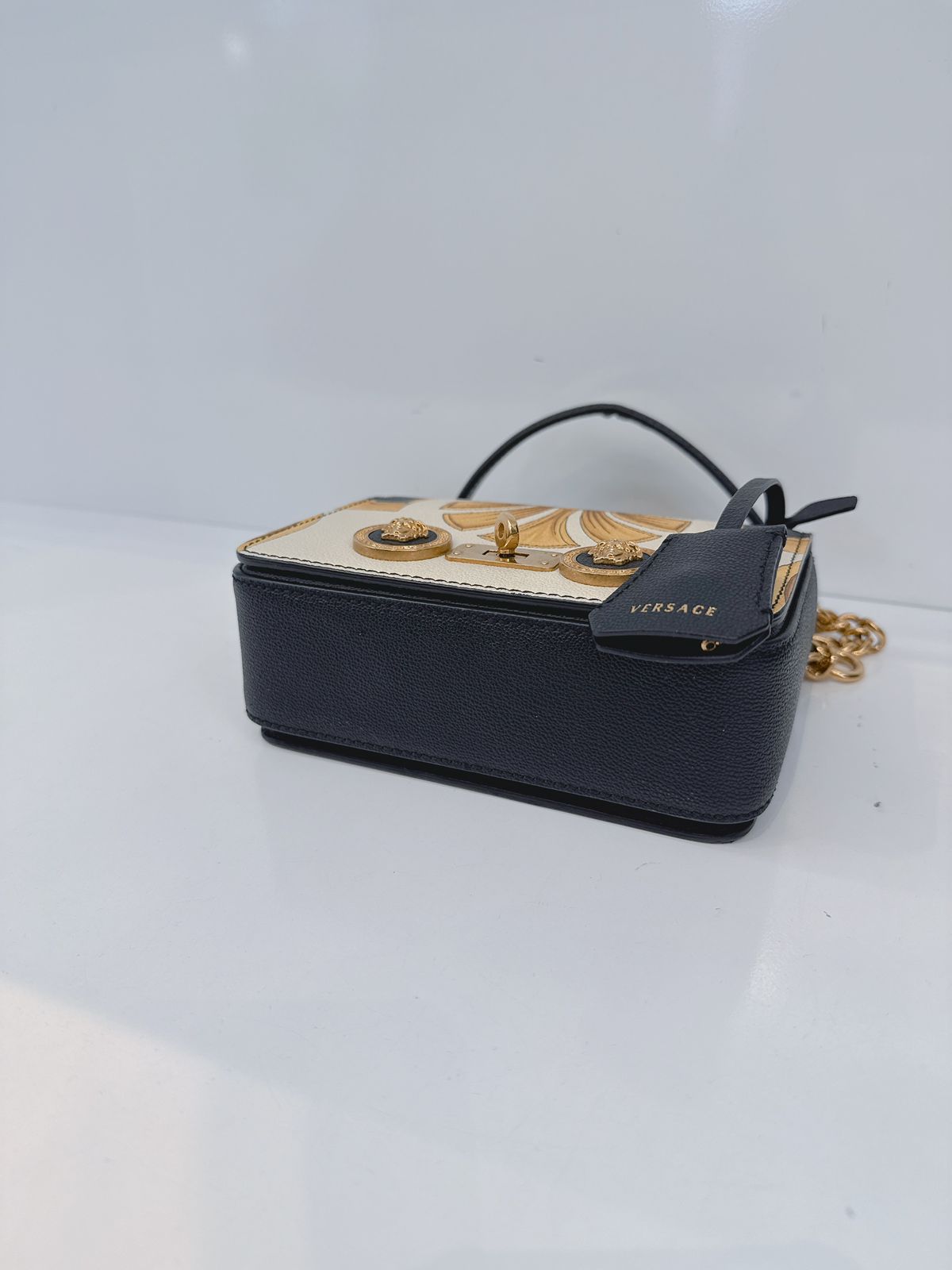 BLACK CALFSKIN LEATHER BAROQUE PRINT SMALL ICON SHOULDER TRIBUTE BAG