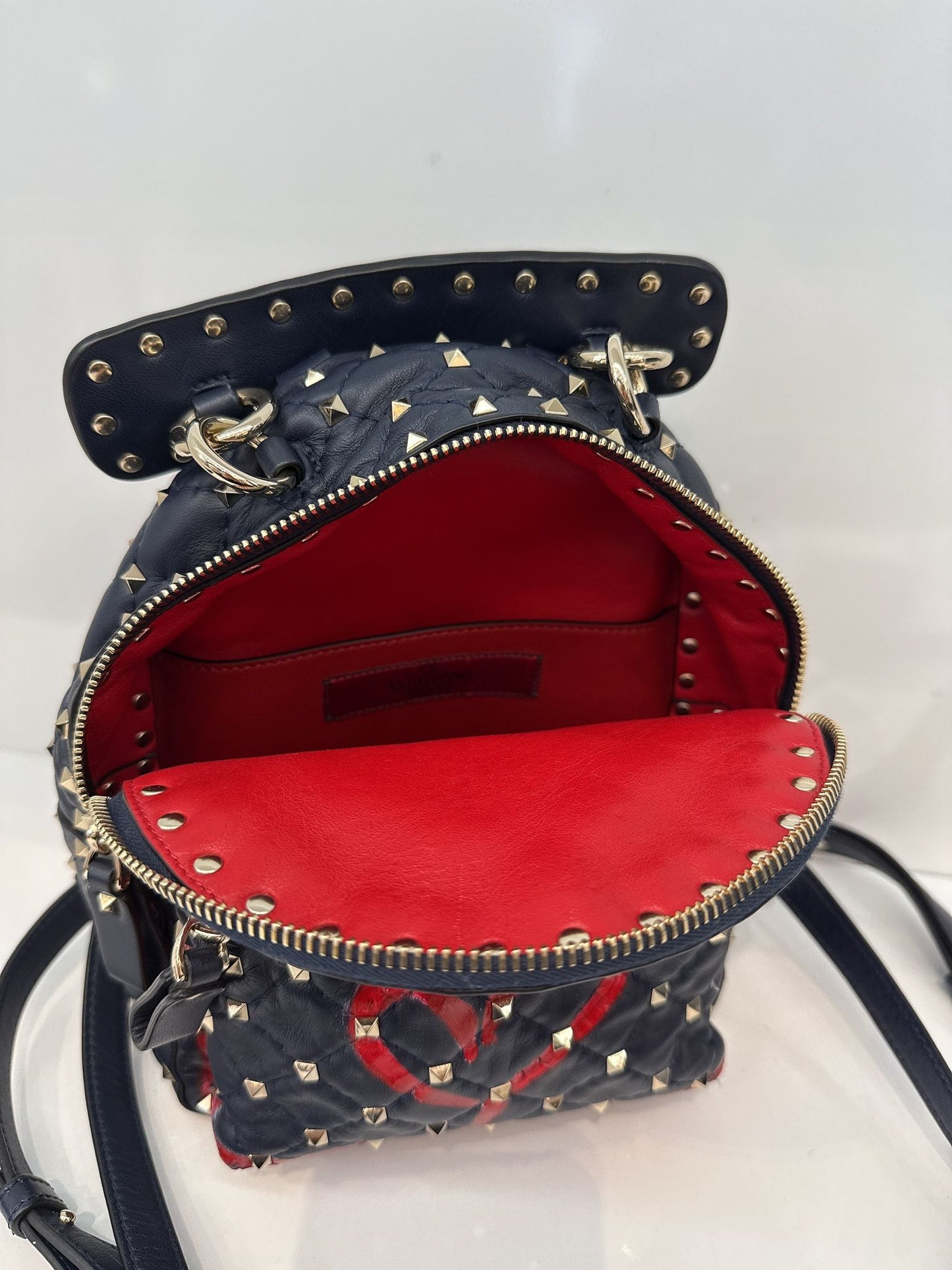 NAVY ROCKSTUD SPIKE IT HEART MINI LEATHER BACKPACK