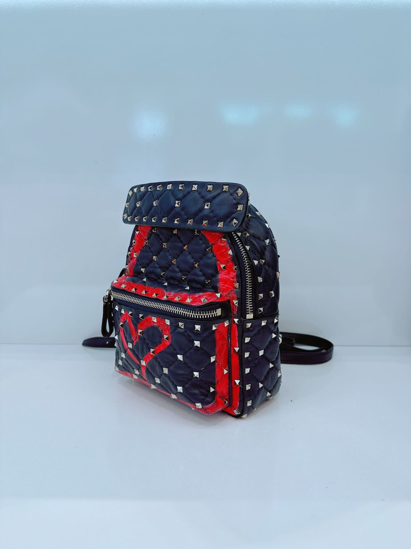 NAVY ROCKSTUD SPIKE IT HEART MINI LEATHER BACKPACK