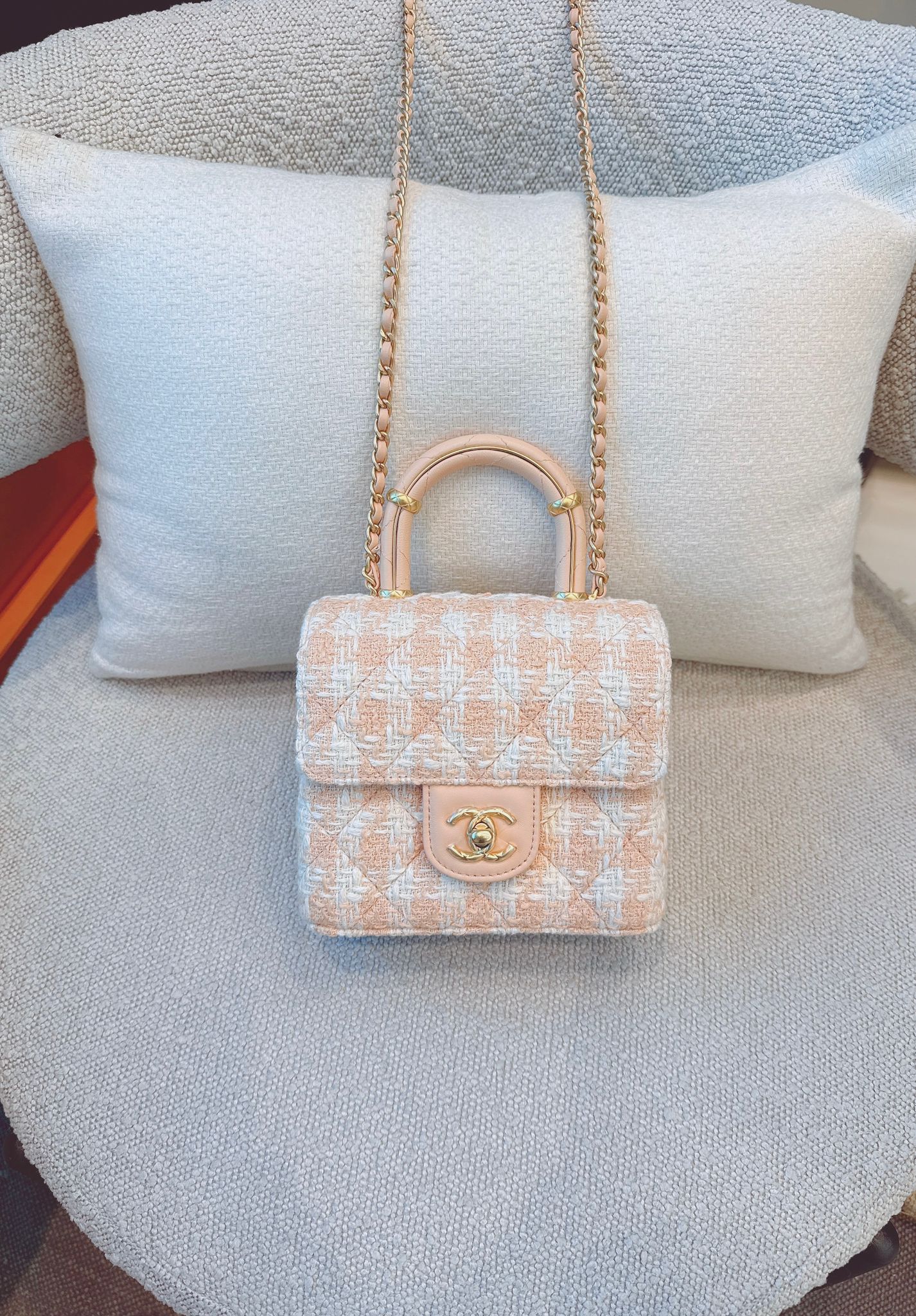 MINI SQUARE FLAP WITH TOP HANDLE - LIGHT ORANGE ECRU TWEED  ANTIQUE GOLD HARDWARE