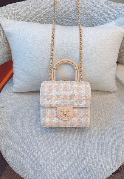 MINI SQUARE FLAP WITH TOP HANDLE - LIGHT ORANGE ECRU TWEED  ANTIQUE GOLD HARDWARE