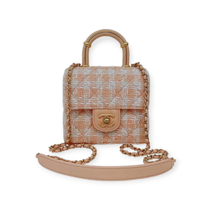 MINI SQUARE FLAP WITH TOP HANDLE - LIGHT ORANGE ECRU TWEED  ANTIQUE GOLD HARDWARE