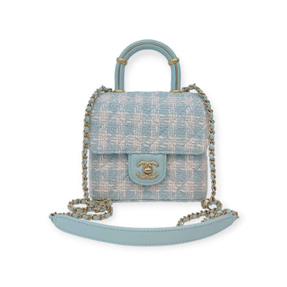 MINI SQUARE FLAP WITH TOP HANDLE  - LAMB TIFFANY BLUE ECRU TWEED GOLD HARDWARE