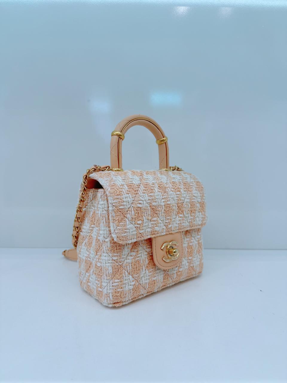 MINI SQUARE FLAP WITH TOP HANDLE - LIGHT ORANGE ECRU TWEED  ANTIQUE GOLD HARDWARE