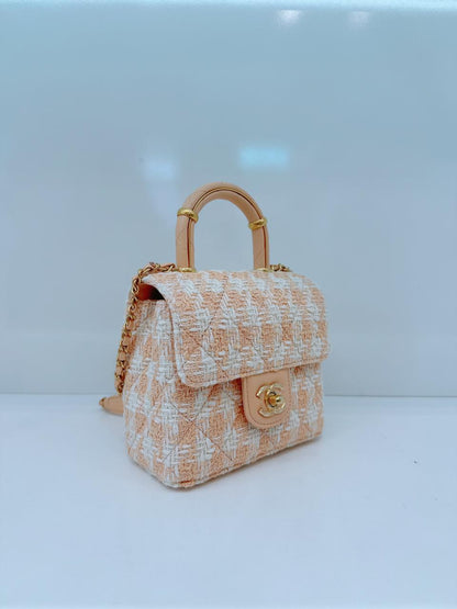 MINI SQUARE FLAP WITH TOP HANDLE - LIGHT ORANGE ECRU TWEED  ANTIQUE GOLD HARDWARE