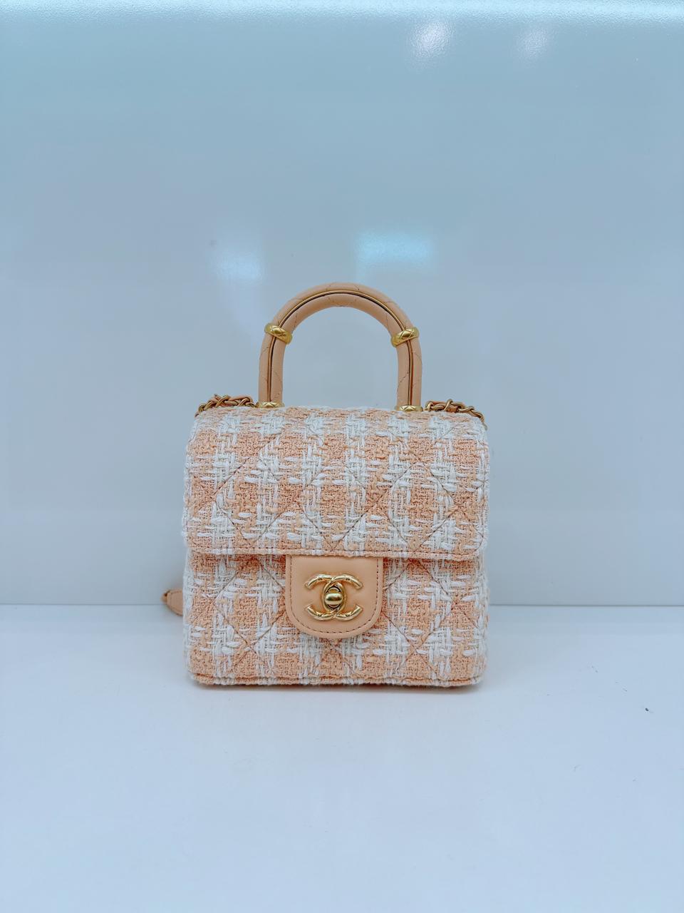 MINI SQUARE FLAP WITH TOP HANDLE - LIGHT ORANGE ECRU TWEED  ANTIQUE GOLD HARDWARE