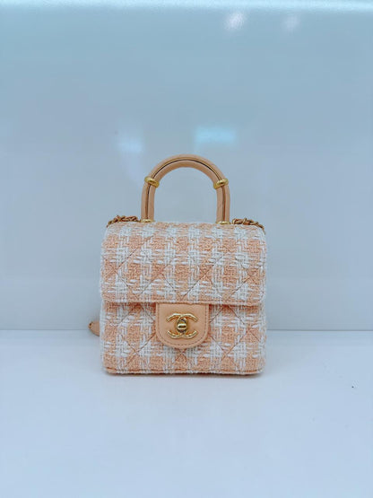 MINI SQUARE FLAP WITH TOP HANDLE - LIGHT ORANGE ECRU TWEED  ANTIQUE GOLD HARDWARE