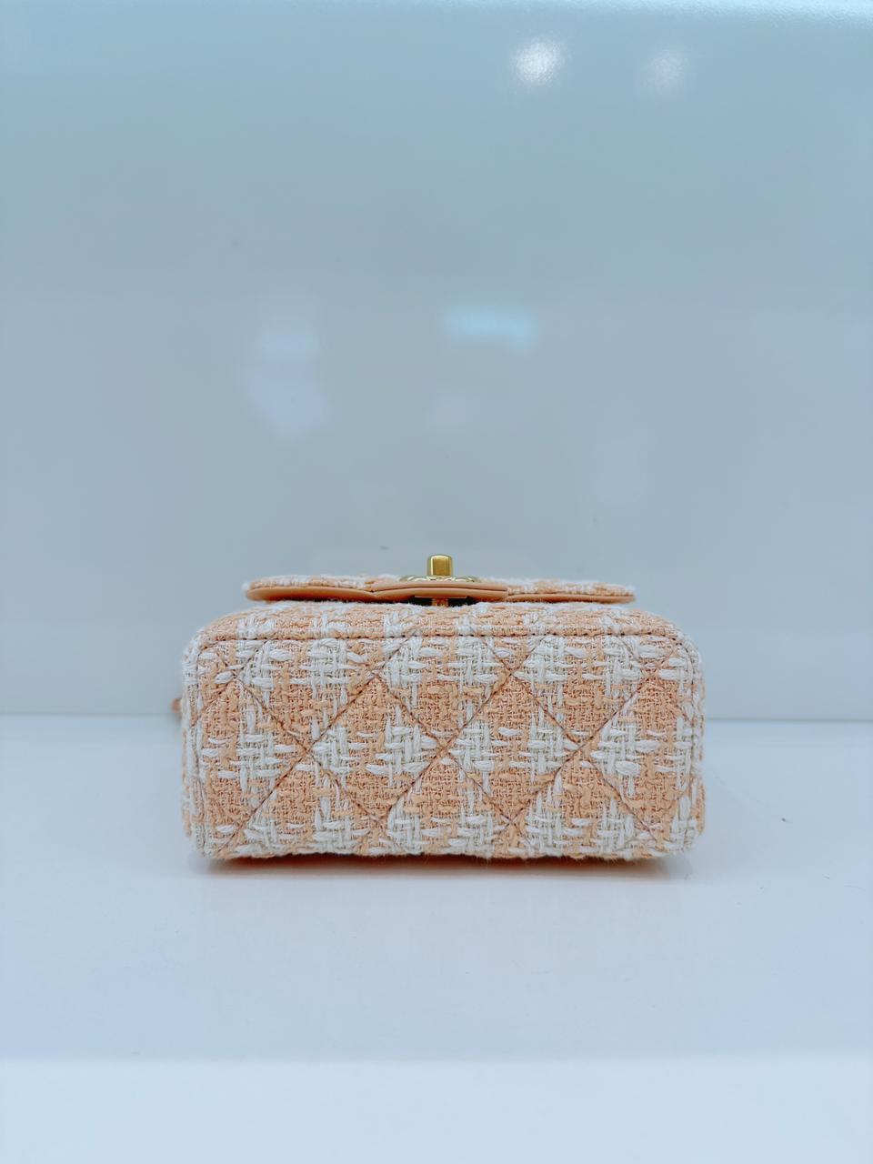 MINI SQUARE FLAP WITH TOP HANDLE - LIGHT ORANGE ECRU TWEED  ANTIQUE GOLD HARDWARE