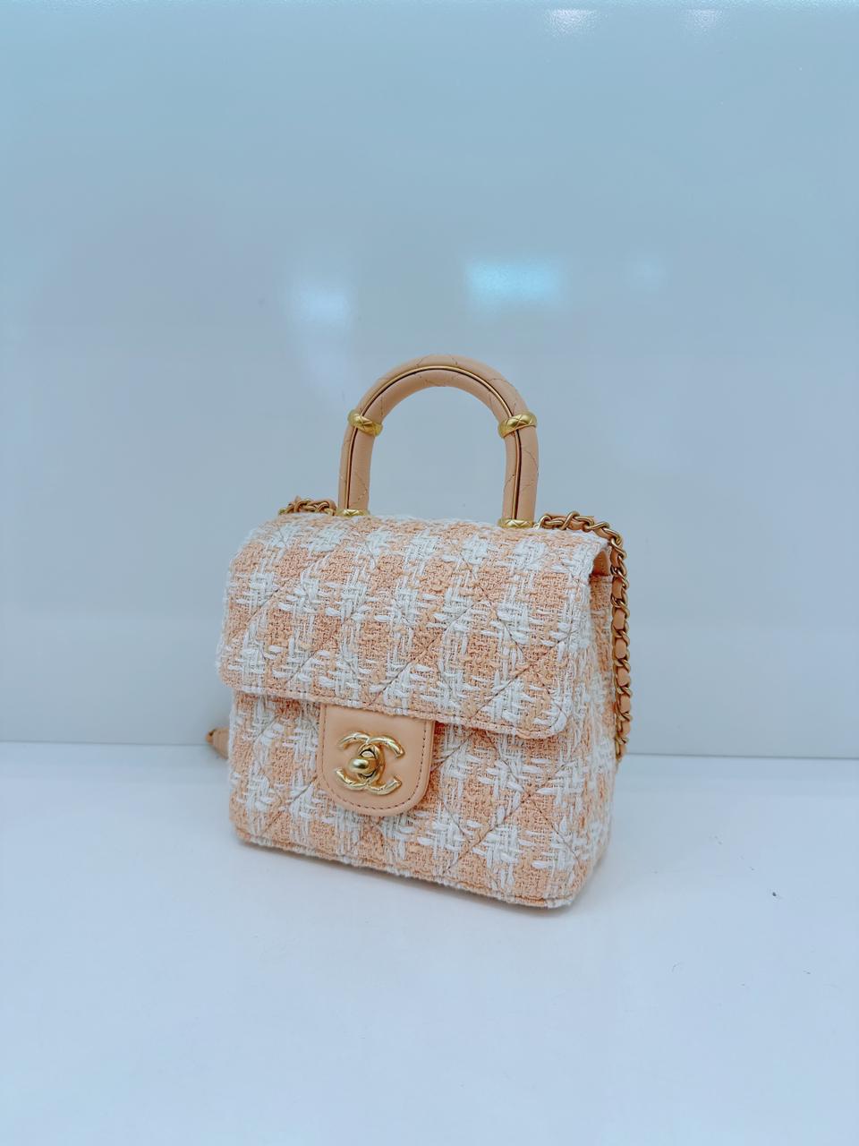 MINI SQUARE FLAP WITH TOP HANDLE - LIGHT ORANGE ECRU TWEED  ANTIQUE GOLD HARDWARE