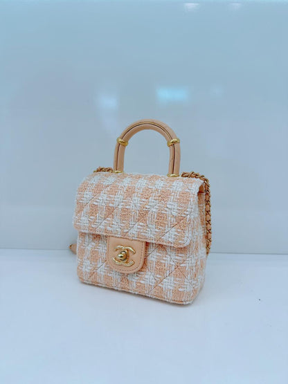 MINI SQUARE FLAP WITH TOP HANDLE - LIGHT ORANGE ECRU TWEED  ANTIQUE GOLD HARDWARE