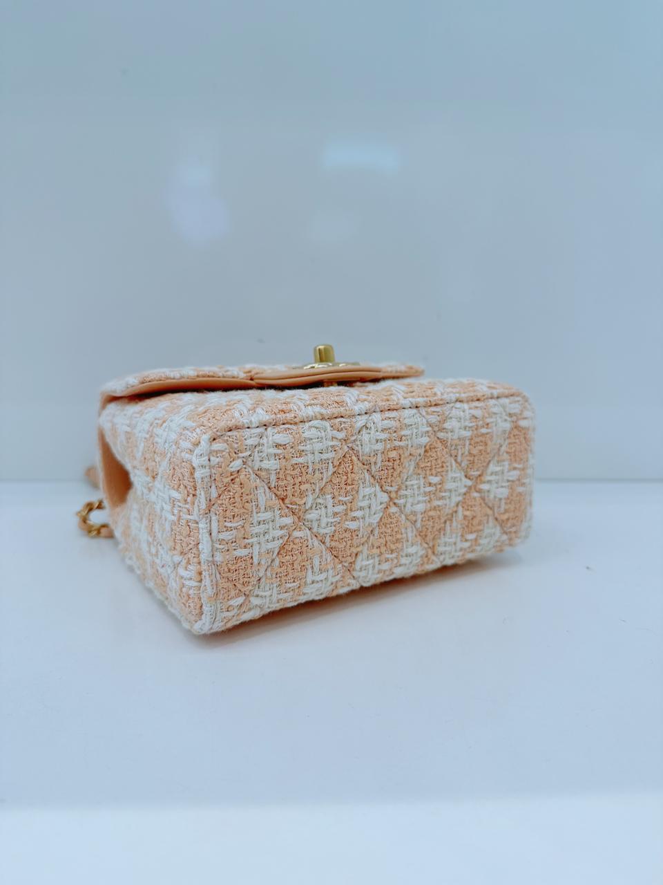 MINI SQUARE FLAP WITH TOP HANDLE - LIGHT ORANGE ECRU TWEED  ANTIQUE GOLD HARDWARE