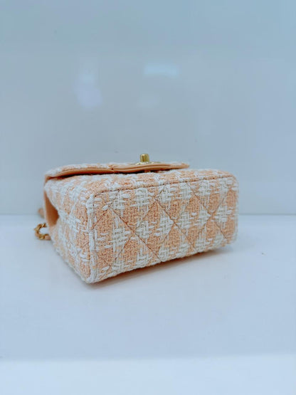 MINI SQUARE FLAP WITH TOP HANDLE - LIGHT ORANGE ECRU TWEED  ANTIQUE GOLD HARDWARE