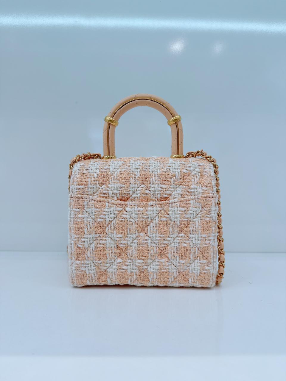 MINI SQUARE FLAP WITH TOP HANDLE - LIGHT ORANGE ECRU TWEED  ANTIQUE GOLD HARDWARE