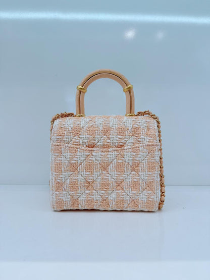 MINI SQUARE FLAP WITH TOP HANDLE - LIGHT ORANGE ECRU TWEED  ANTIQUE GOLD HARDWARE