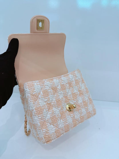 MINI SQUARE FLAP WITH TOP HANDLE - LIGHT ORANGE ECRU TWEED  ANTIQUE GOLD HARDWARE