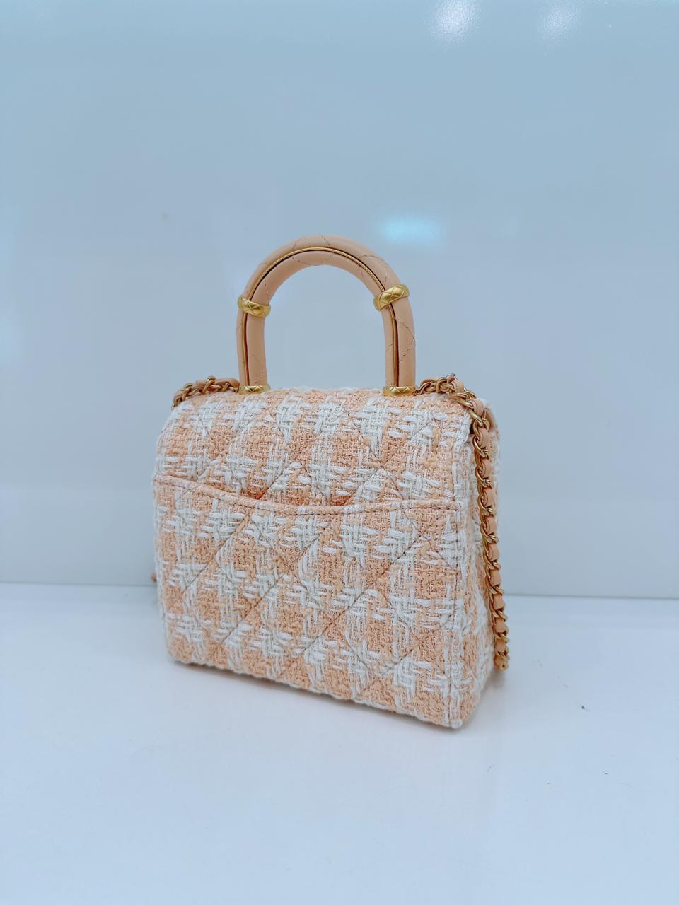 MINI SQUARE FLAP WITH TOP HANDLE - LIGHT ORANGE ECRU TWEED  ANTIQUE GOLD HARDWARE