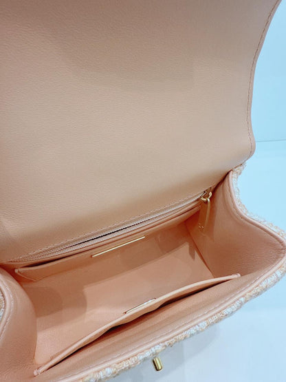 MINI SQUARE FLAP WITH TOP HANDLE - LIGHT ORANGE ECRU TWEED  ANTIQUE GOLD HARDWARE