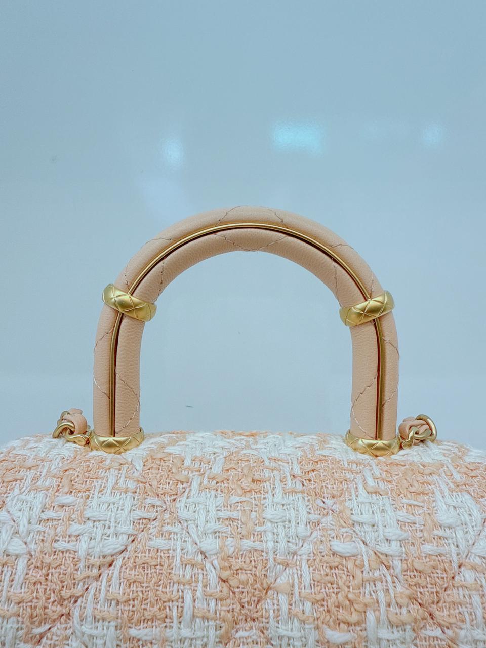 MINI SQUARE FLAP WITH TOP HANDLE - LIGHT ORANGE ECRU TWEED  ANTIQUE GOLD HARDWARE