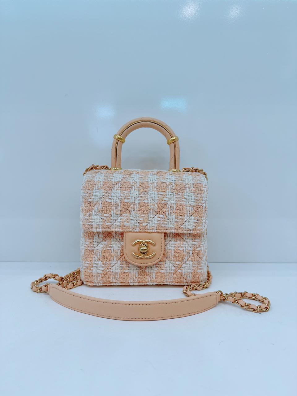 MINI SQUARE FLAP WITH TOP HANDLE - LIGHT ORANGE ECRU TWEED  ANTIQUE GOLD HARDWARE