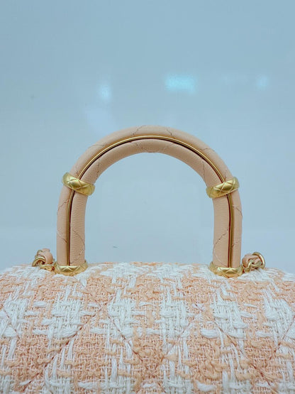 MINI SQUARE FLAP WITH TOP HANDLE - LIGHT ORANGE ECRU TWEED  ANTIQUE GOLD HARDWARE