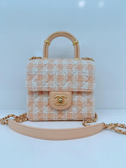 MINI SQUARE FLAP WITH TOP HANDLE - LIGHT ORANGE ECRU TWEED  ANTIQUE GOLD HARDWARE