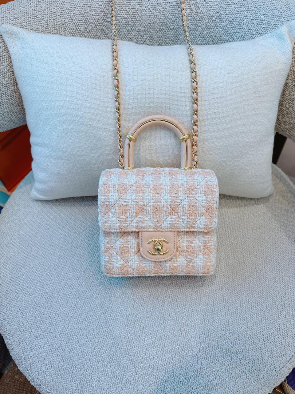 MINI SQUARE FLAP WITH TOP HANDLE - LIGHT ORANGE ECRU TWEED  ANTIQUE GOLD HARDWARE