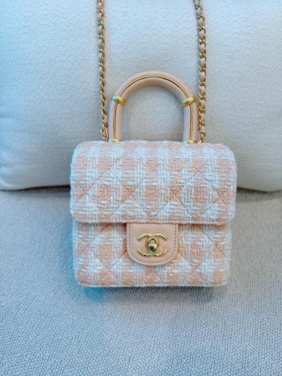 MINI SQUARE FLAP WITH TOP HANDLE - LIGHT ORANGE ECRU TWEED  ANTIQUE GOLD HARDWARE