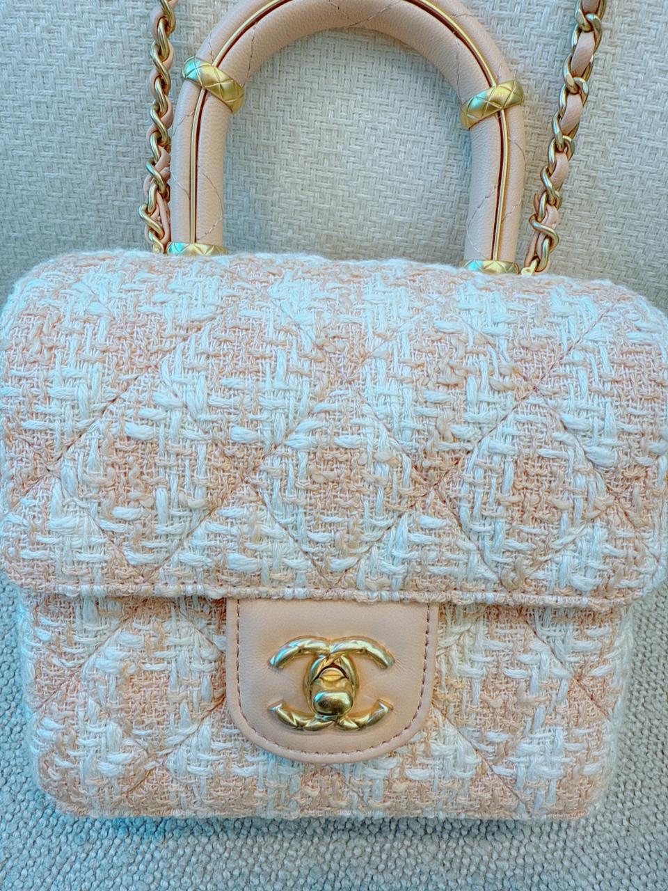 MINI SQUARE FLAP WITH TOP HANDLE - LIGHT ORANGE ECRU TWEED  ANTIQUE GOLD HARDWARE