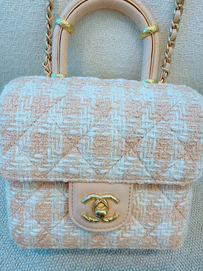 MINI SQUARE FLAP WITH TOP HANDLE - LIGHT ORANGE ECRU TWEED  ANTIQUE GOLD HARDWARE