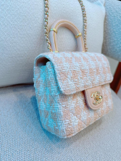 MINI SQUARE FLAP WITH TOP HANDLE - LIGHT ORANGE ECRU TWEED  ANTIQUE GOLD HARDWARE