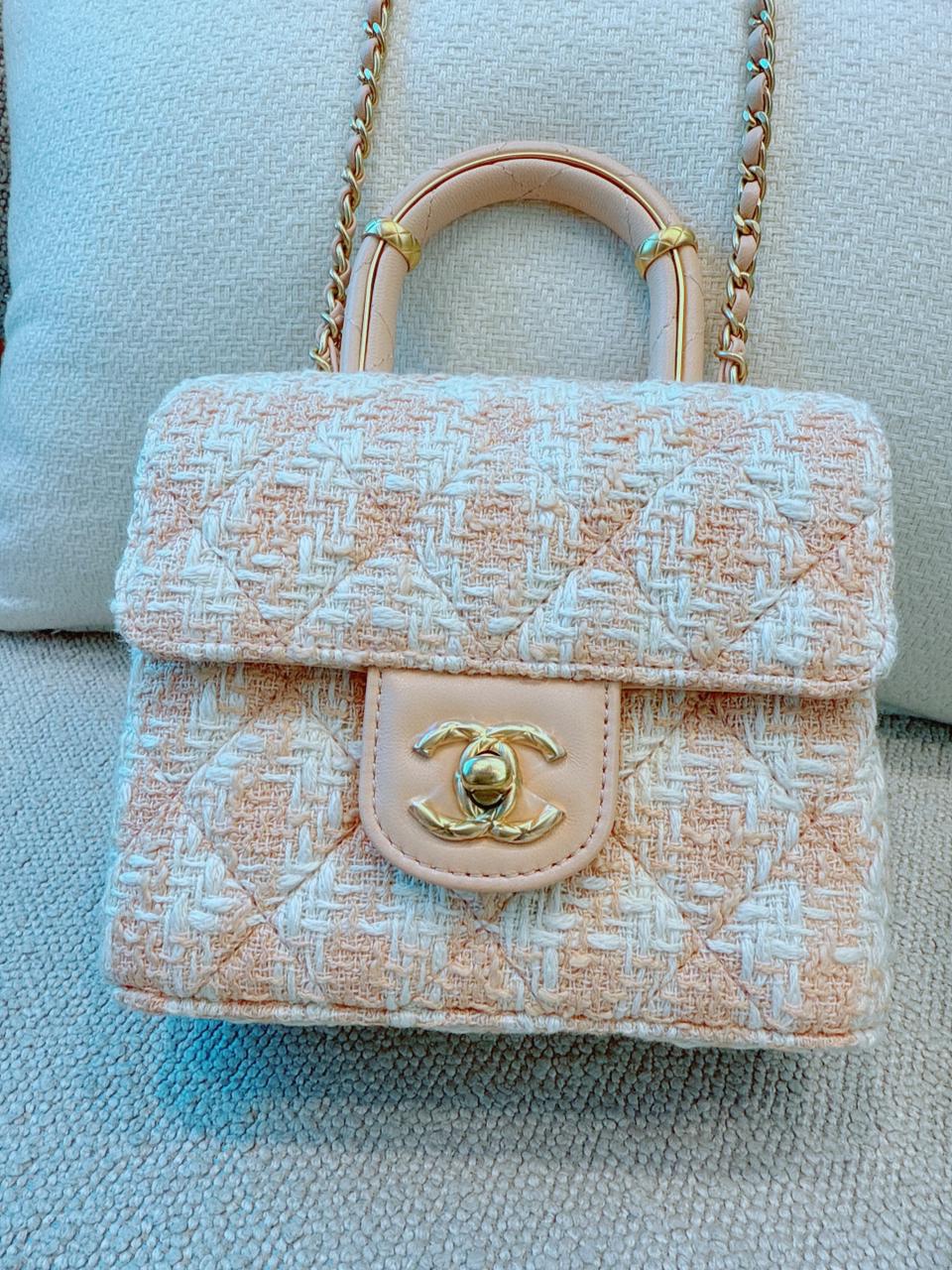 MINI SQUARE FLAP WITH TOP HANDLE - LIGHT ORANGE ECRU TWEED  ANTIQUE GOLD HARDWARE