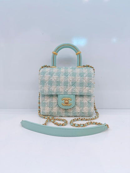 MINI SQUARE FLAP WITH TOP HANDLE  - LAMB TIFFANY BLUE ECRU TWEED GOLD HARDWARE