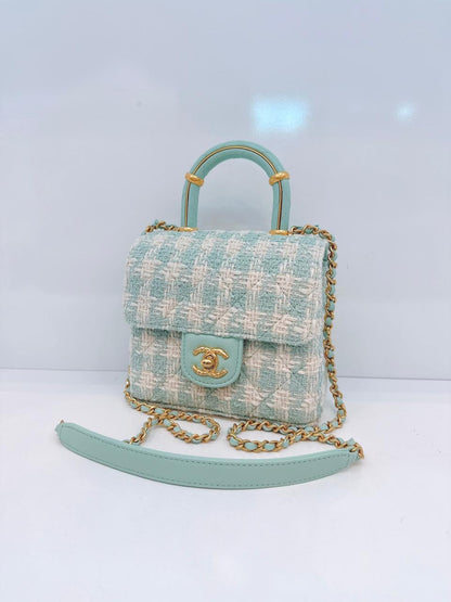 MINI SQUARE FLAP WITH TOP HANDLE  - LAMB TIFFANY BLUE ECRU TWEED GOLD HARDWARE