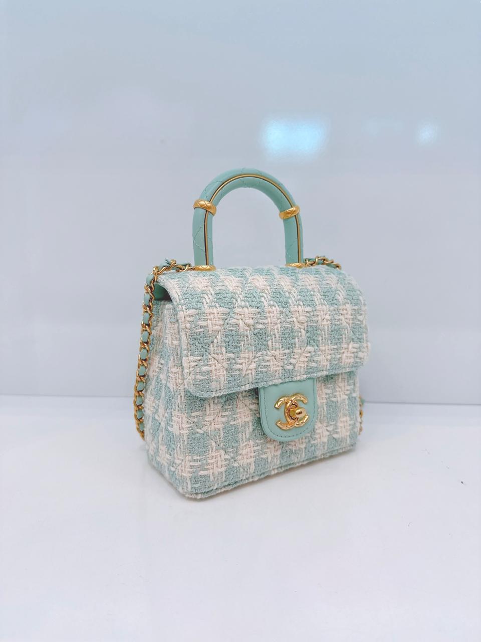 MINI SQUARE FLAP WITH TOP HANDLE  - LAMB TIFFANY BLUE ECRU TWEED GOLD HARDWARE